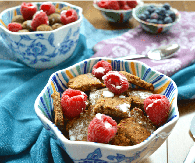A bowl of paleo cereal with raspberries on top.