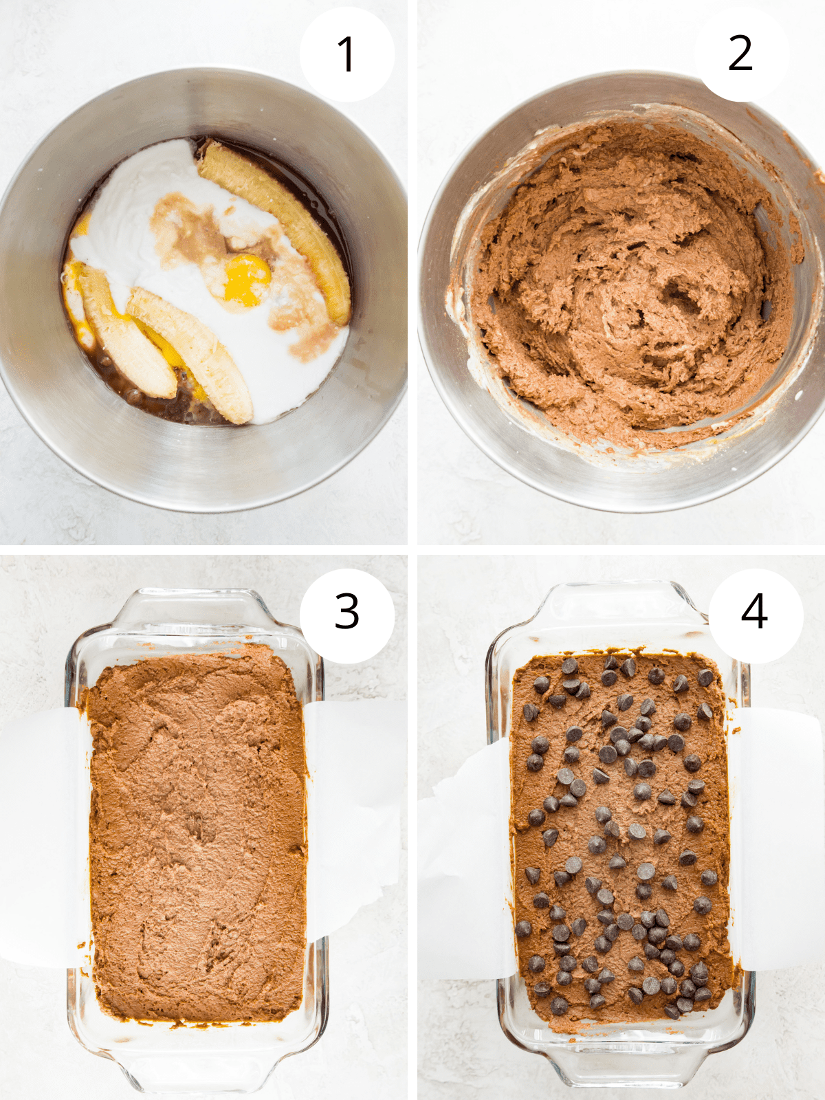Step by step directions for making chocolate coffee banana bread.