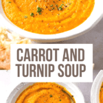 Bowls of carrot turnip soup with spoons in them and garnished with parsley.