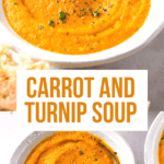 Bowl of carrot turnip soup with spoons in them and topped with parsley.
