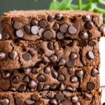 A stack of four pieces of chocolate coffee banana bread.