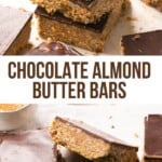 A stack of chocolate almond butter bars and the top one has a bite out of it.