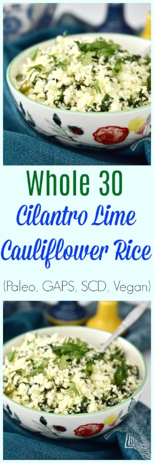 Whole30 Cilantro Lime Cauliflower Rice is such a great alternative to plain cauliflower rice. Because let's be honest, cauliflower rice can be a little boring. But not this Cilantro Lime Cauliflower Rice! This dish is also paleo, AIP and vegan friendly and is incredibly easy to make. Your whole family will love it! #whole30 #cauliflower #rice #paleo #vegan #gaps #aip #sidedish #easy