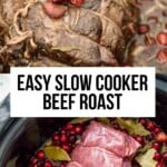 A beef roast in a slow cooker topped with onions and cranberries.