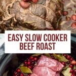 A cooked beef roast in a slow cooker topped with onions and cranberries.
