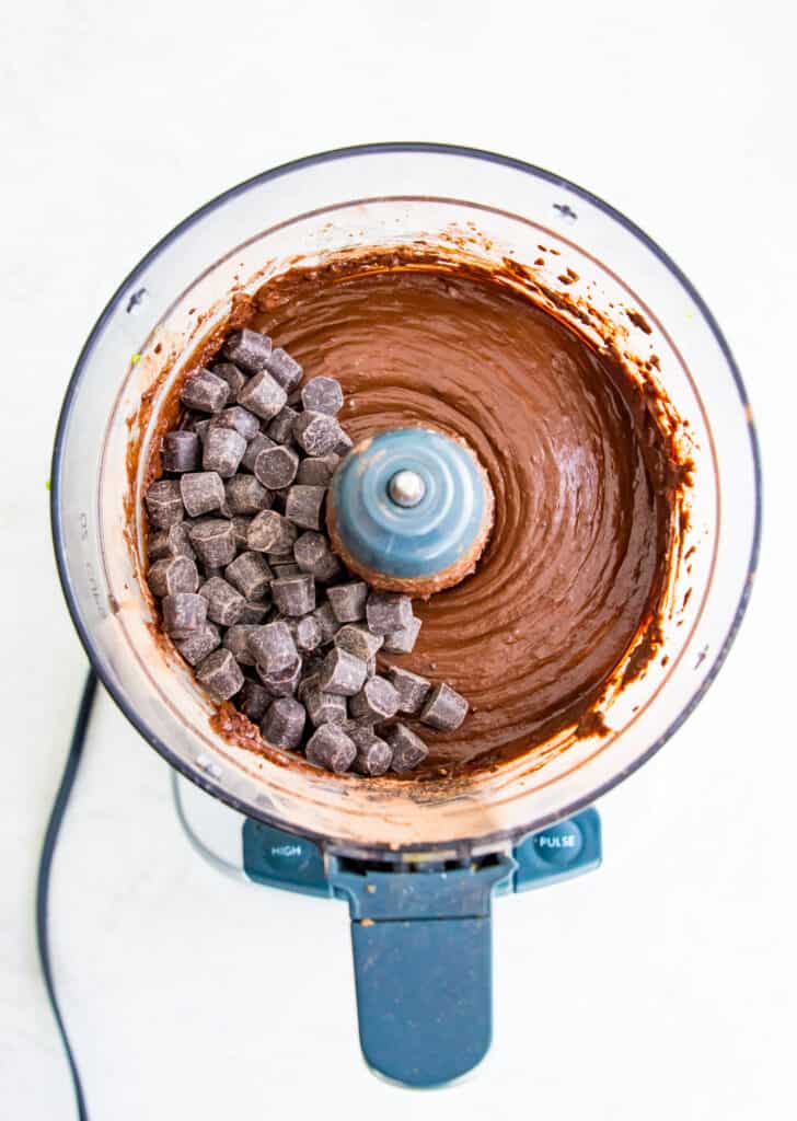 Brownie batter in a food processor with chocolate chips.