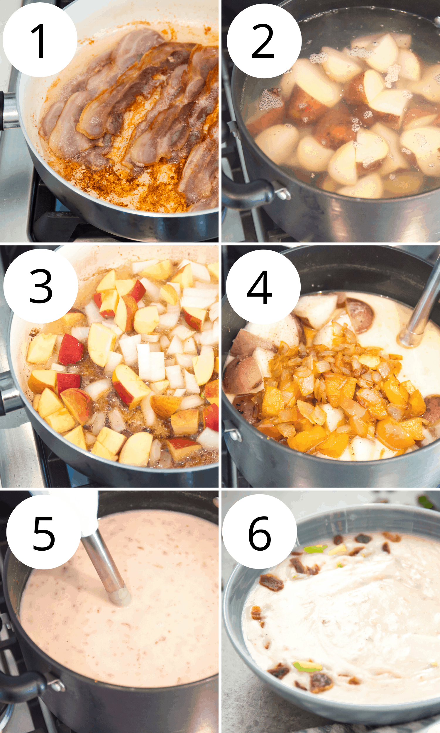 Step by step directions for making dairy free potato soup in a large pot on the stovetop.