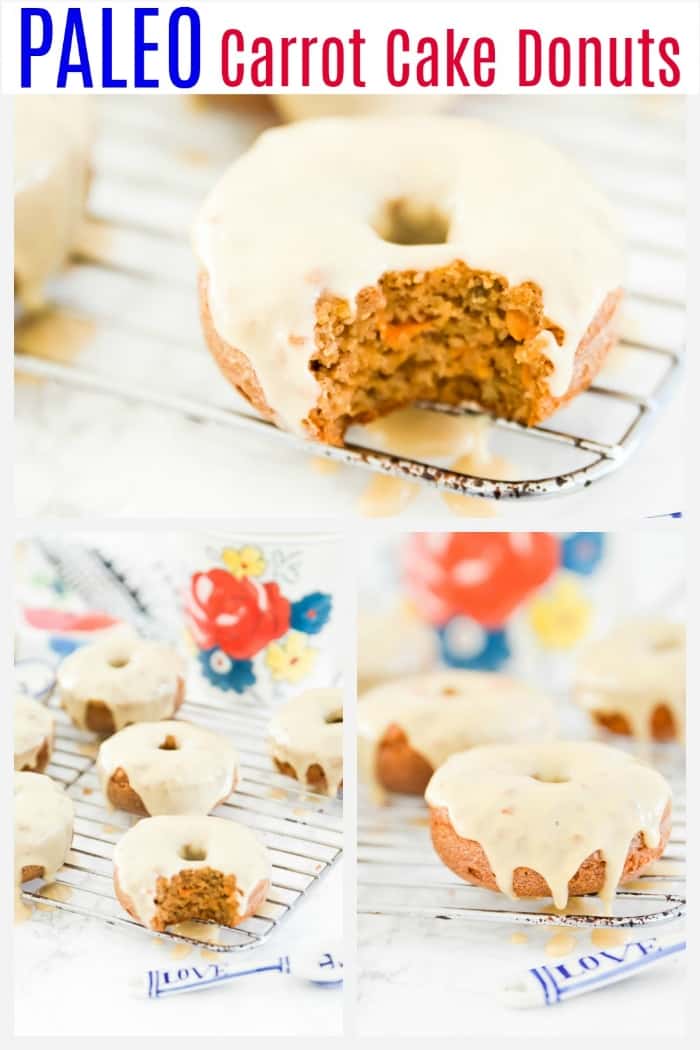 This paleo carrot cake donut recipe is so easy and delicious! Made with almond flour and cinnamon and baked in the oven these are the best gluten free donuts. #donut #paleo