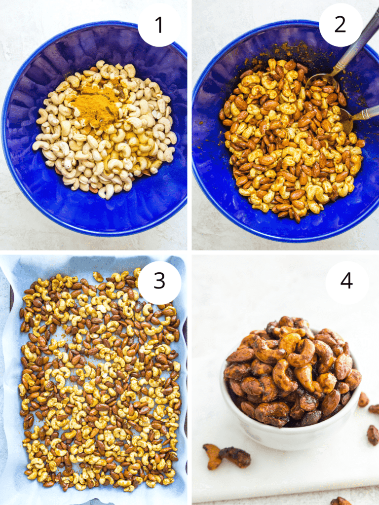 Step by step directions for making roasted curry cashews and almonds. 