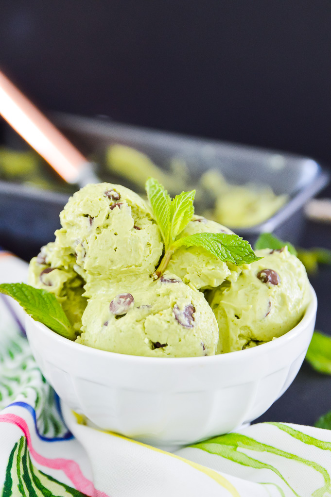 a bowl of avocado mint chocolate chip ice cream