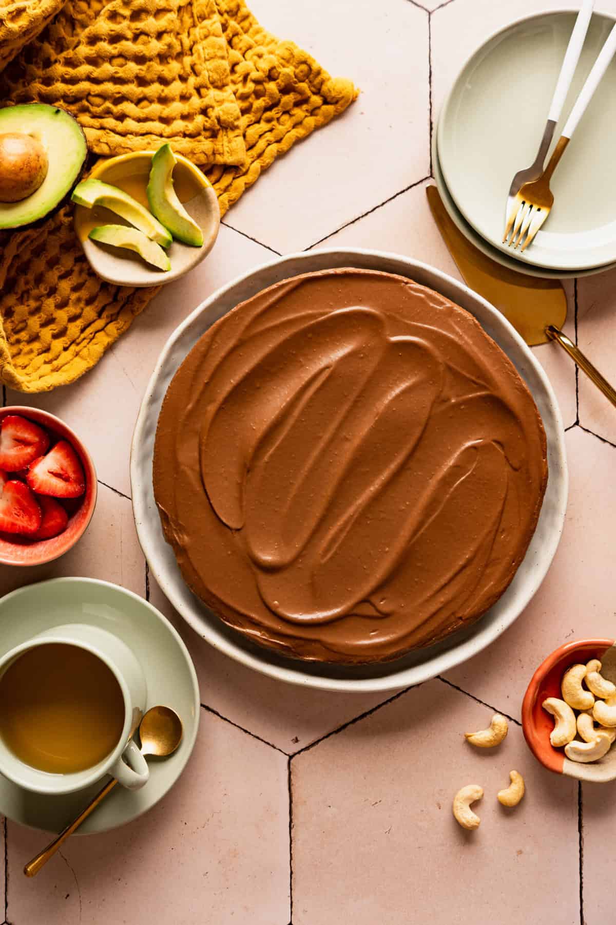 A chocolate mousse cake in a springform pan.