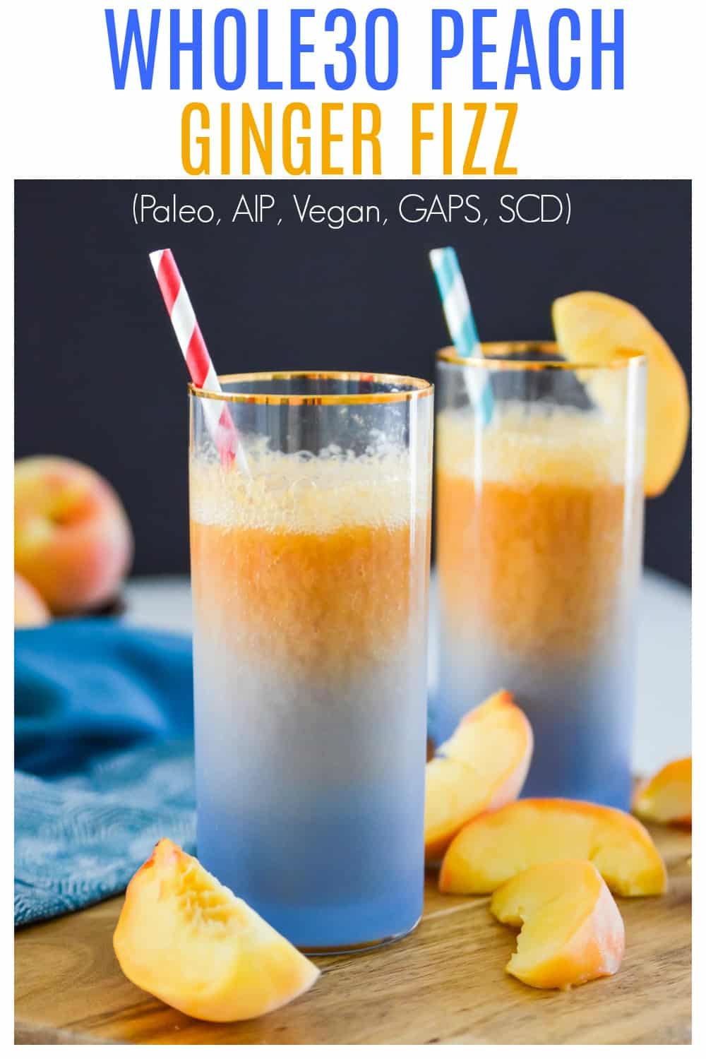 This Peach Ginger Fizz is the perfect summer drink! Made with no added sugars and only 3 ingredients you are going to love this Peach Ginger Fizz. Serve this Peach Ginger Fizz at your next party for an easy, healthy cocktail. #whole30 #paleo #cocktail #vegan #gaps #scd