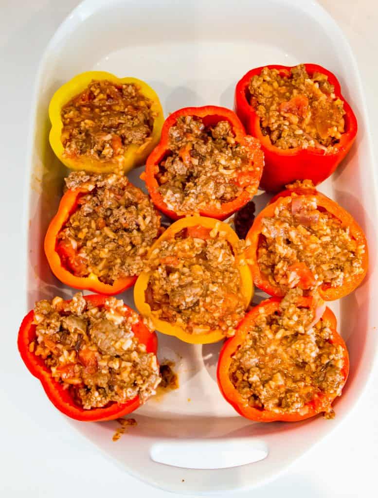Bell peppers stuffed with a ground beef and tomato filling. 