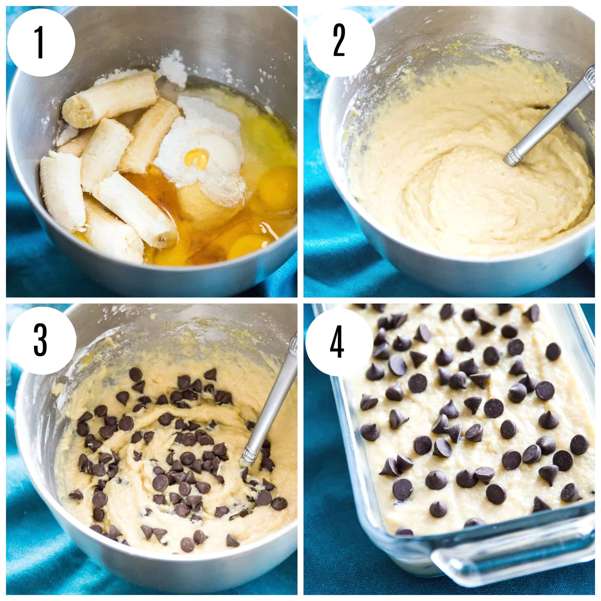 Step by step directions for making gluten free chocolate chip banana bread.