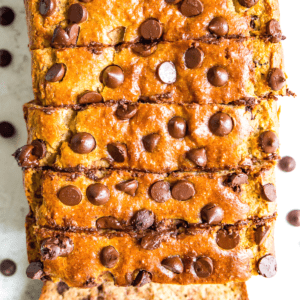 A gluten free chocolate chip banana bread loaf cut into pieces.