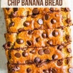 A loaf of gluten free chocolate chip banana bread cut into pieces.