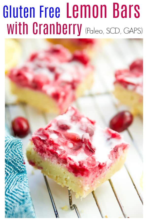 The best gluten free lemon bars with cranberry recipe. These lemon bars are easy, healthy and paleo. They are dairy free and made with coconut instead in an 8x8 pan. #lemonbars #paleo #glutenfree