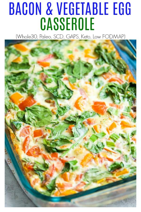 This Bacon and Veggie Egg Casserole is the best healthy make ahead breakfast. This breakfast bake is so easy to make and is Whole30, dairy free, low carb, keto and low FODMAP. #whole30 #breakfast