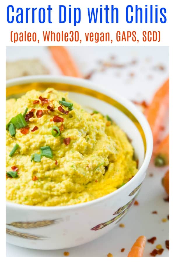 Carrot dip with chilis is such an easy and healthy dip recipe that is perfect for dipping veggies. Just a little spicy, it's dairy free, made with olive oil and safe for a vegan diet. It makes the perfect appetizer or healthy snack. #vegan #dip