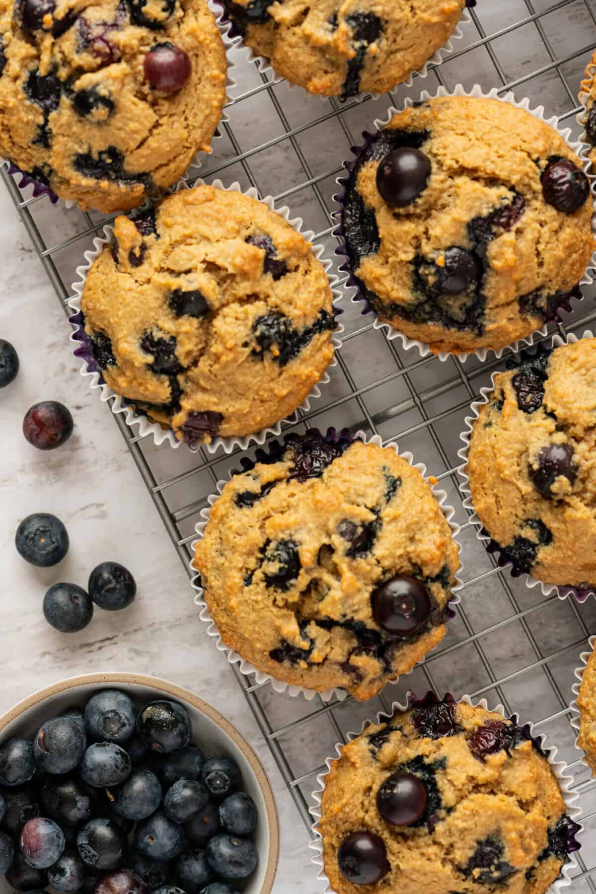 A baking rack with a batch of blueberry muffins on it.