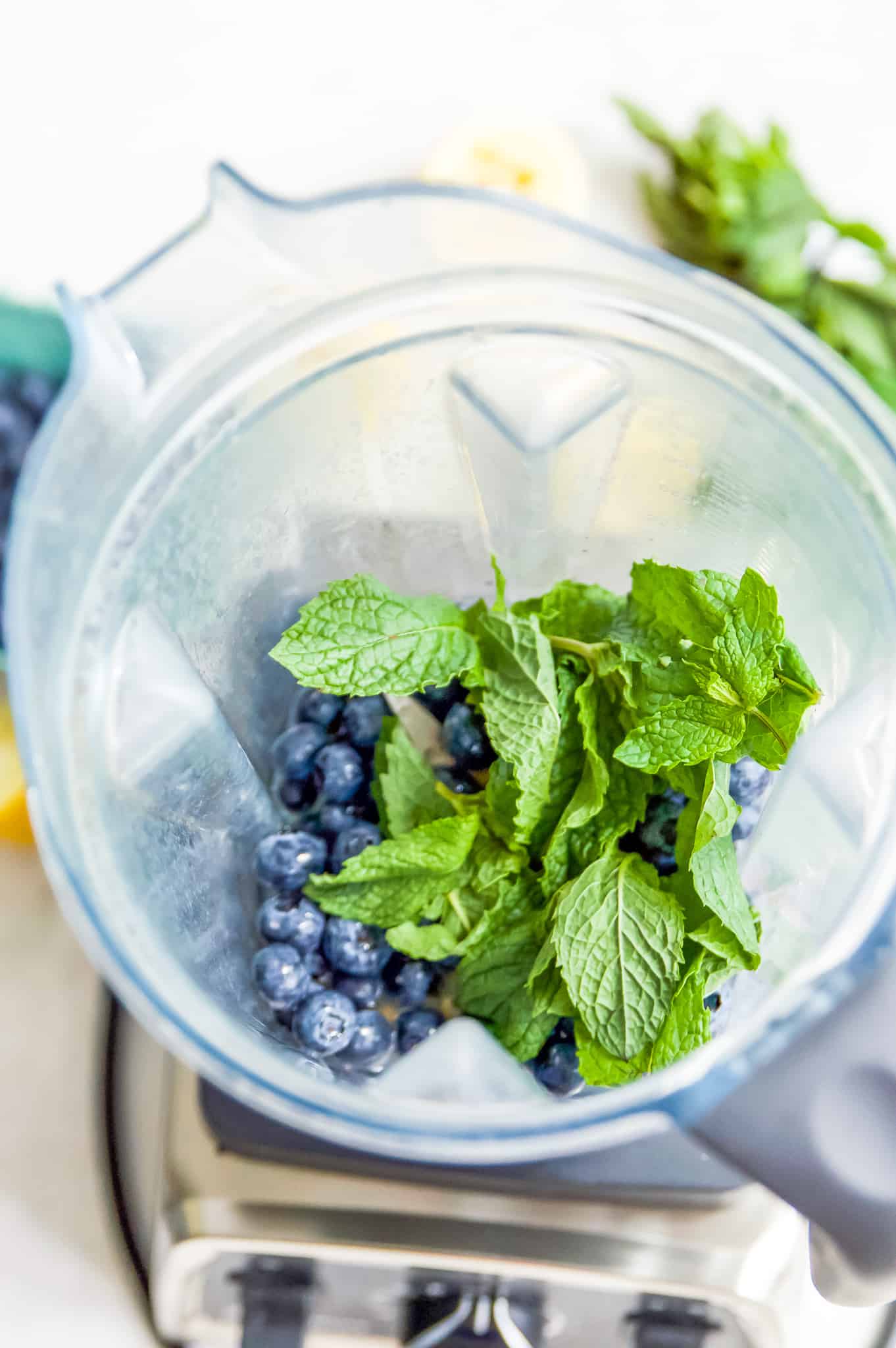 A blender full of water, blueberries and mint. 