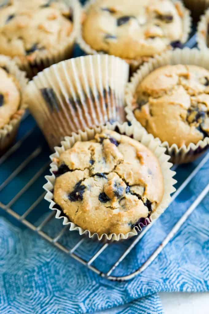 A close up shot of a gluten free blueberry muffin