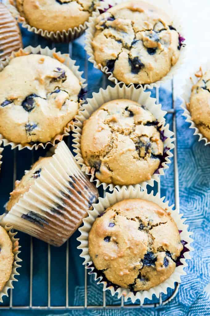 An overhead shot of gluten free blueberry muffins 