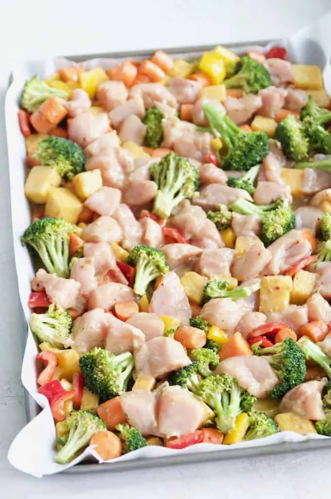 a tray of raw vegetables and chicken 