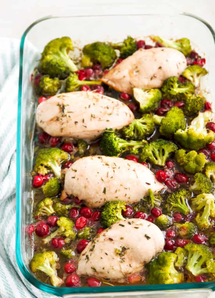 A pan of cranberry maple chicken and broccoli 