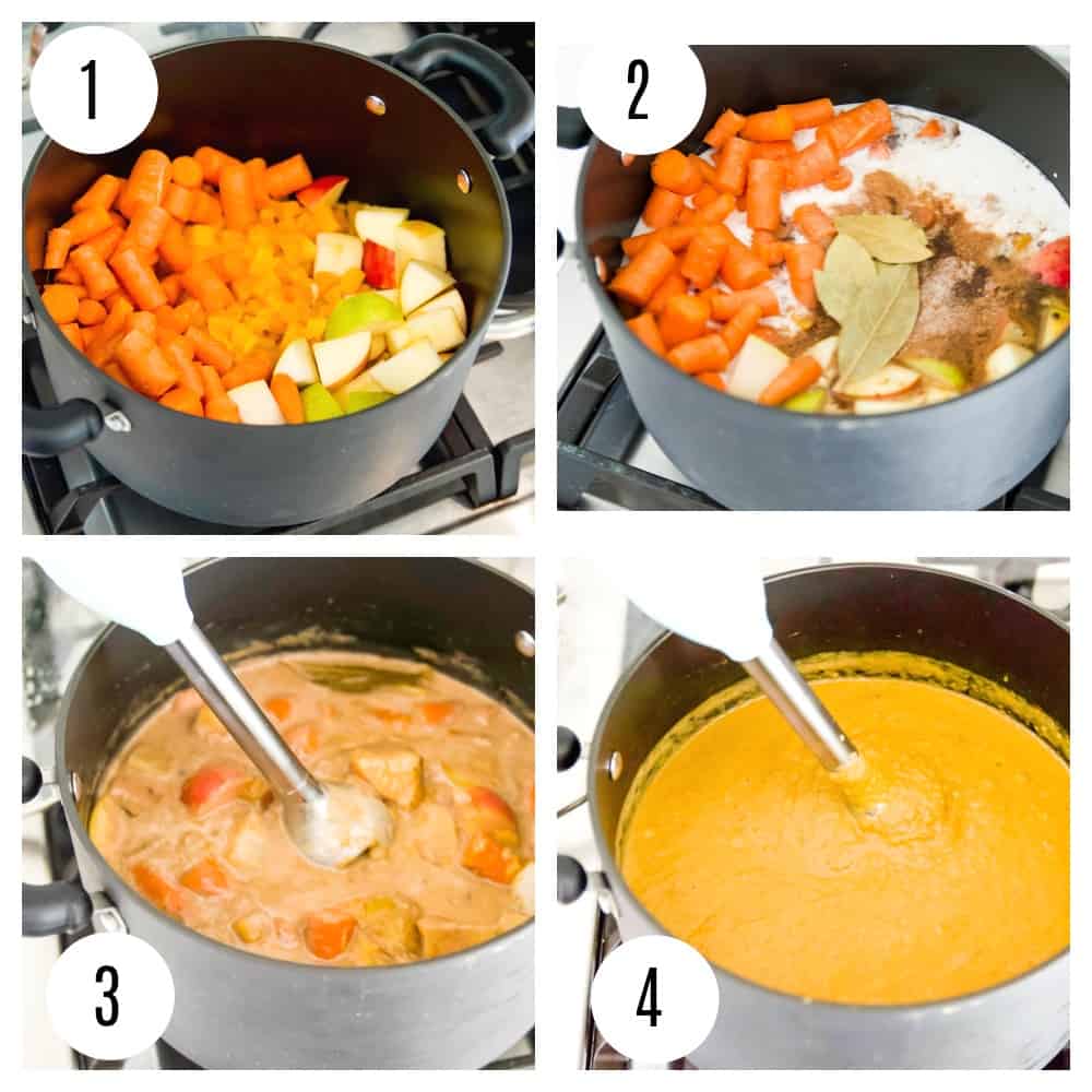 Step by step directions for how to make vegan butternut squash soup on the stovetop.