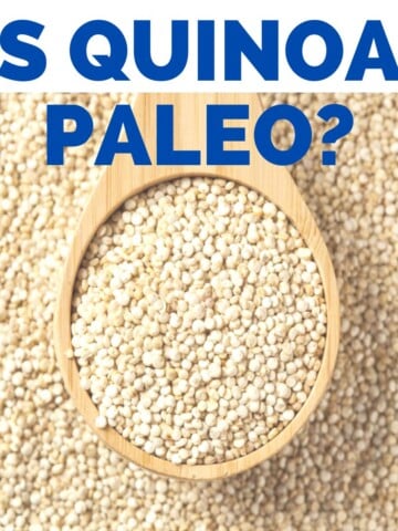 A wooden spoon filled with uncooked quinoa with the words Is Quinoa Paleo? above it.