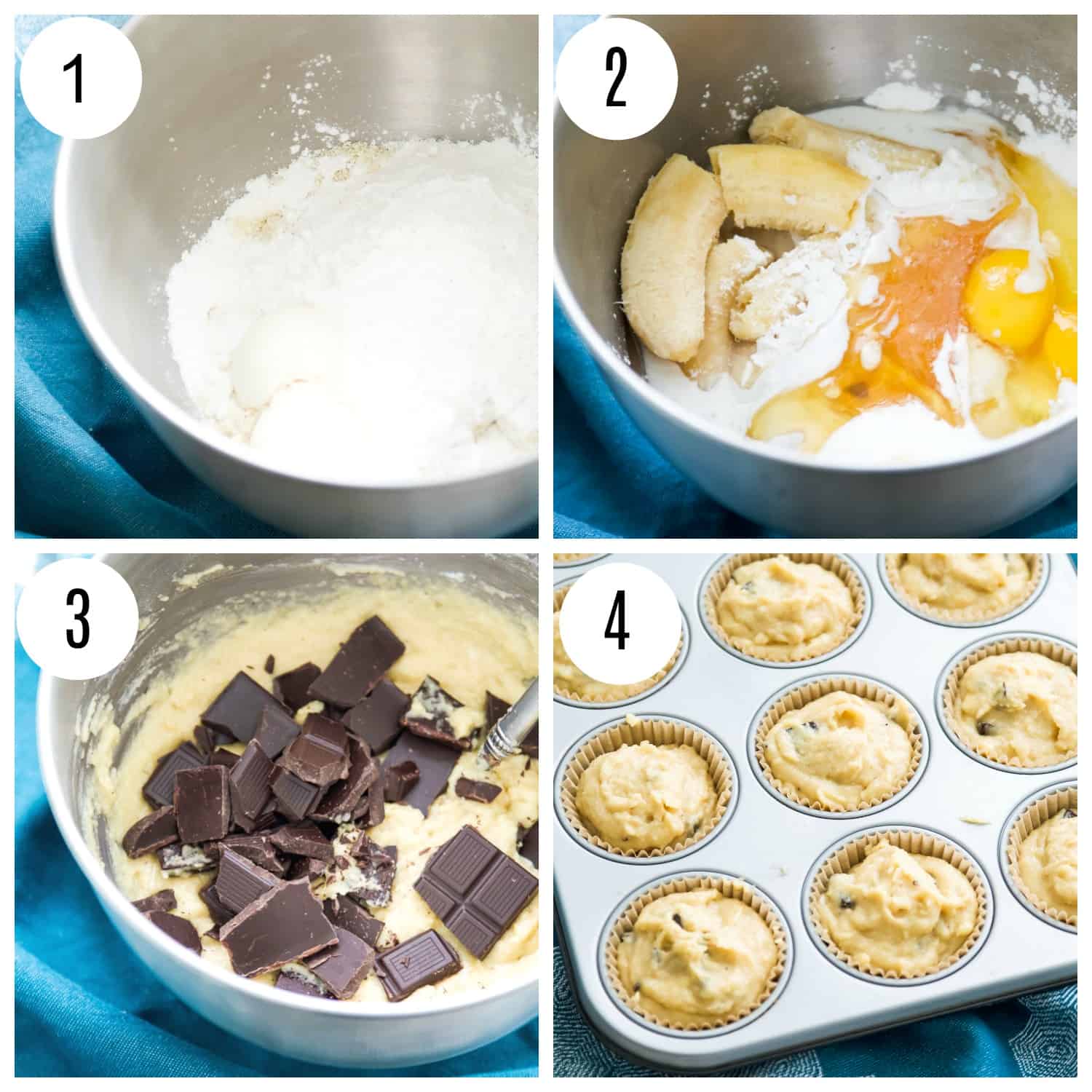 Step by step directions for making banana muffins with chocolate.
