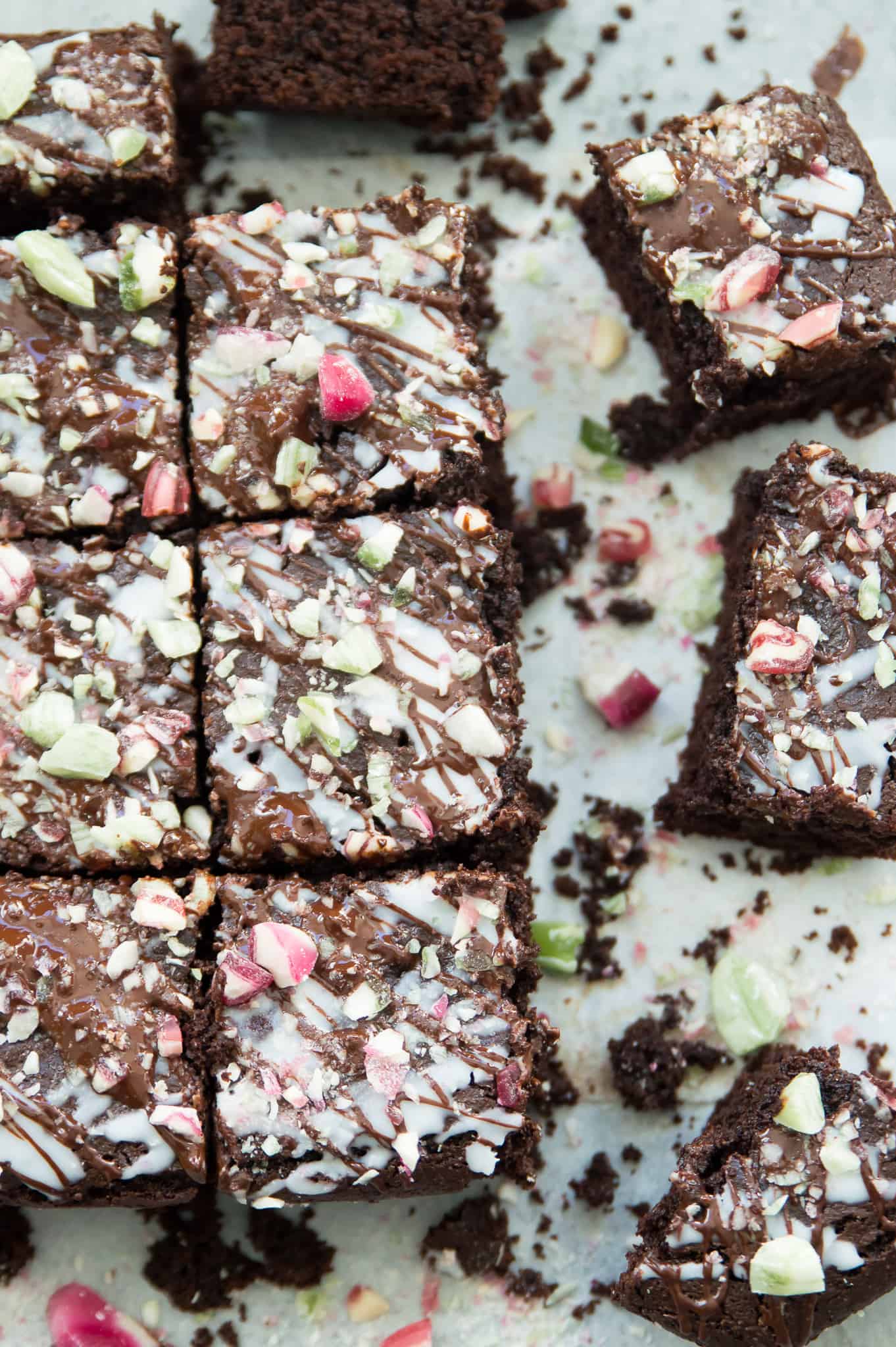 Peppermint brownies topped with candy cane pieces. 