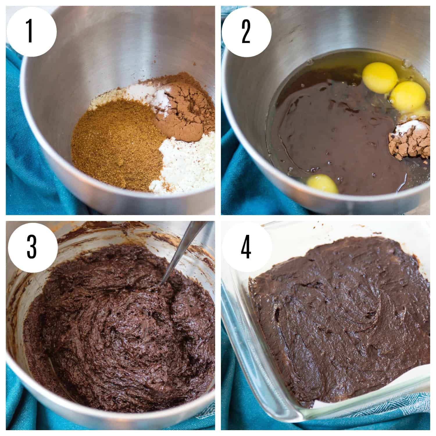 Step by step directions for making peppermint brownies in a standing mixer.