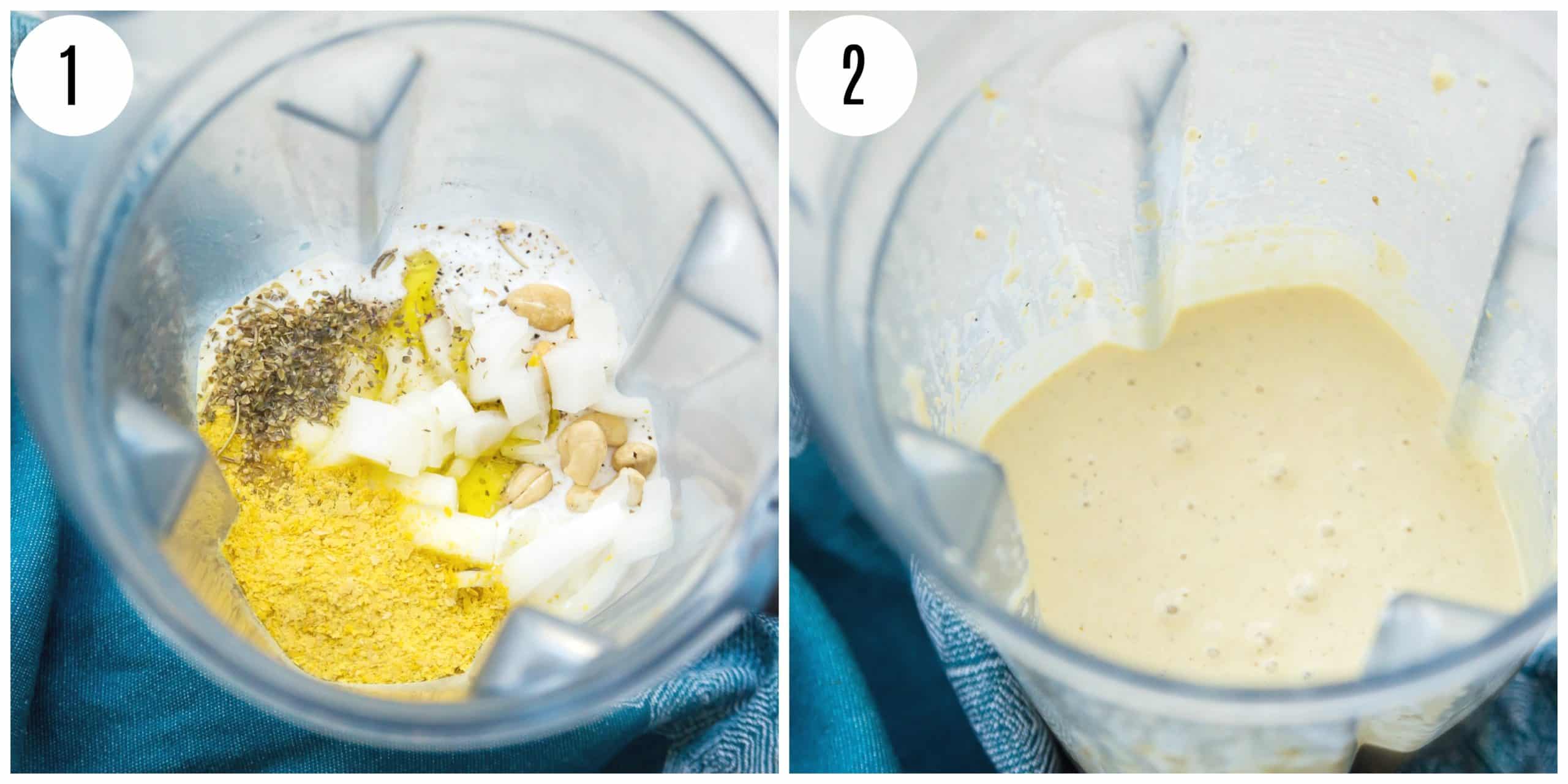 Step by step directions for making vegan Alfredo sauce in a blender.