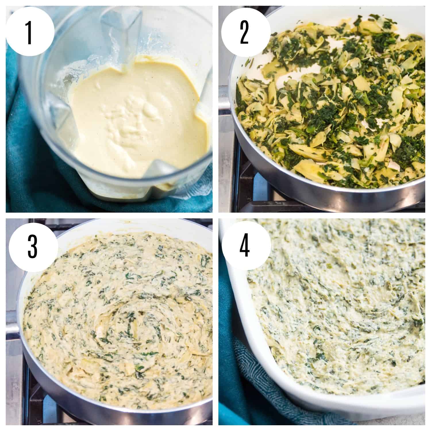 Step by step directions for making a vegan spinach and artichoke dip.