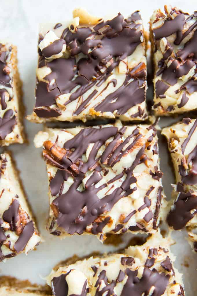 close up shot of turtle cookie bars 