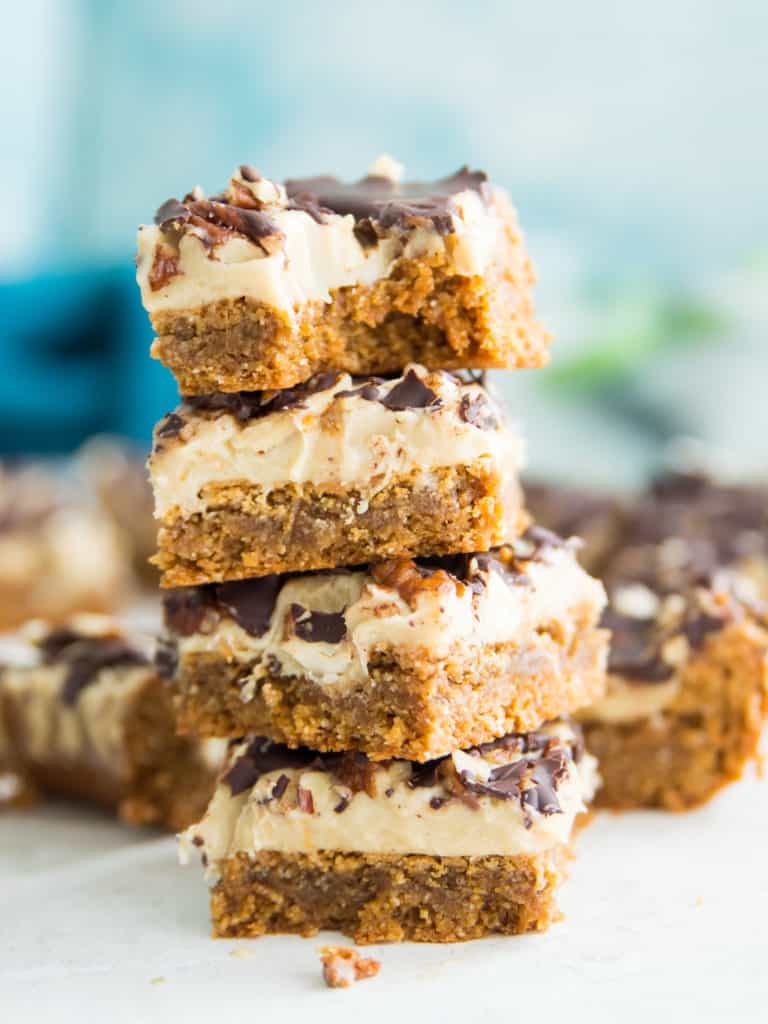 A stack of turtle cookie bars 