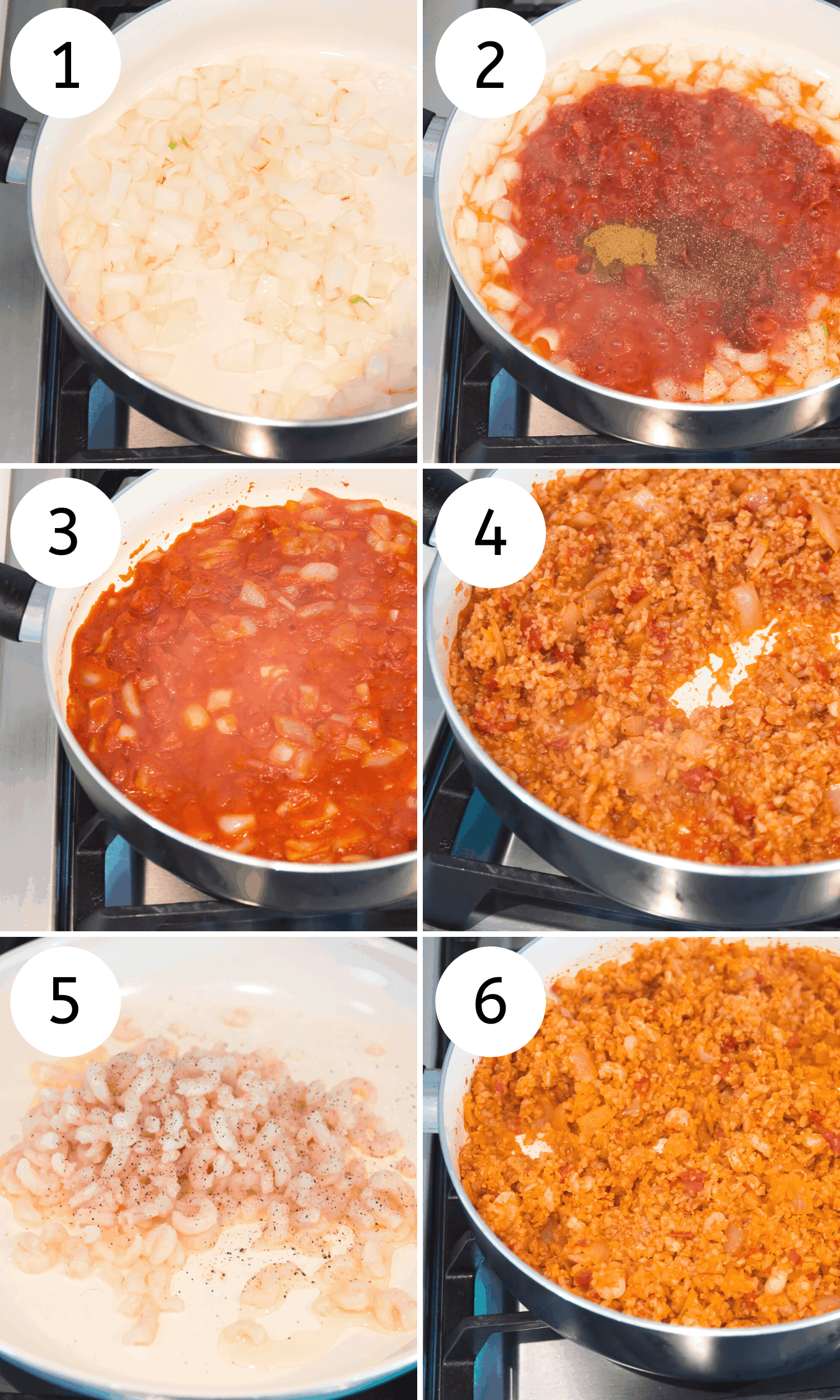 Step by step directions for making Spanish cauliflower rice in a pan on the stovetop.