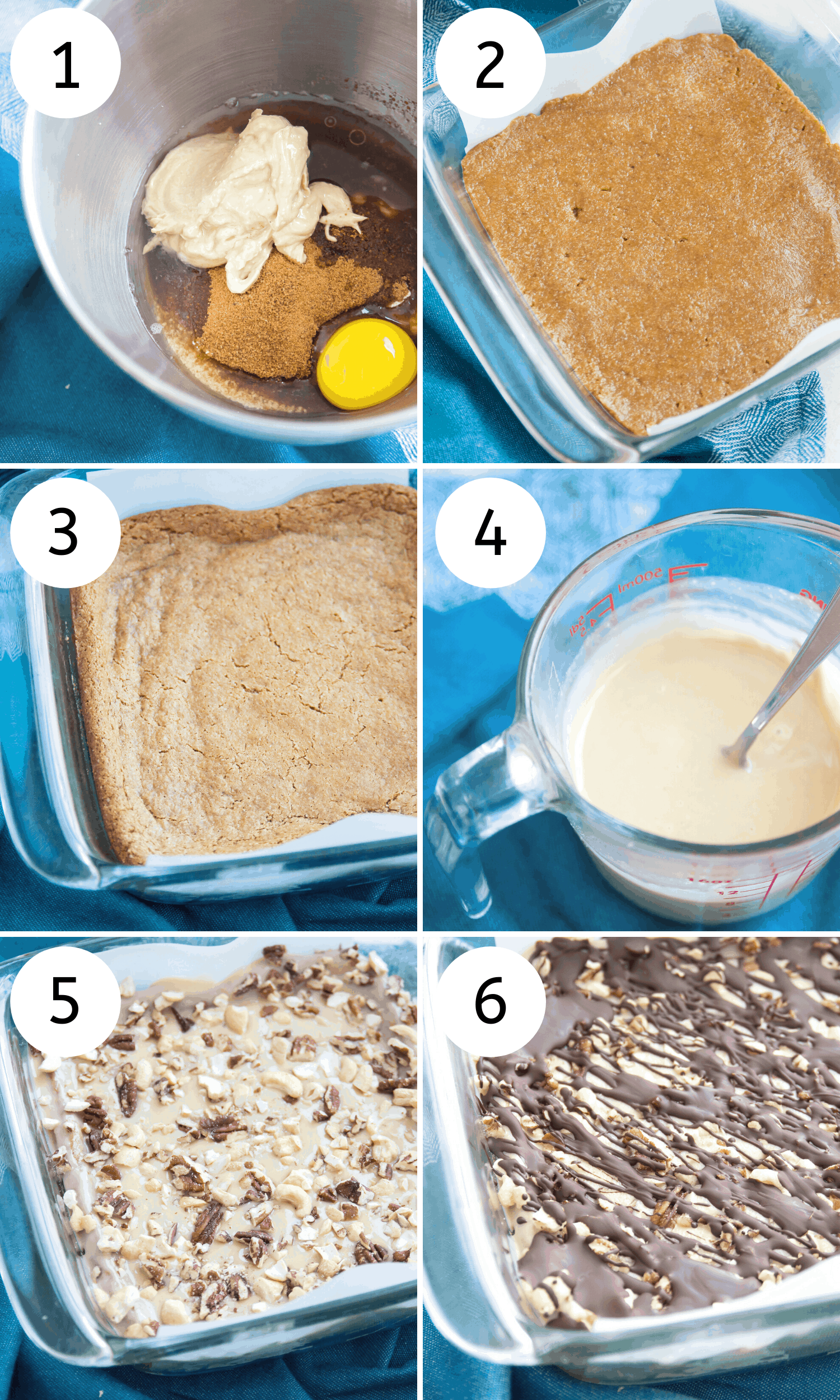 Step by step directions for making turtle cookie bars.