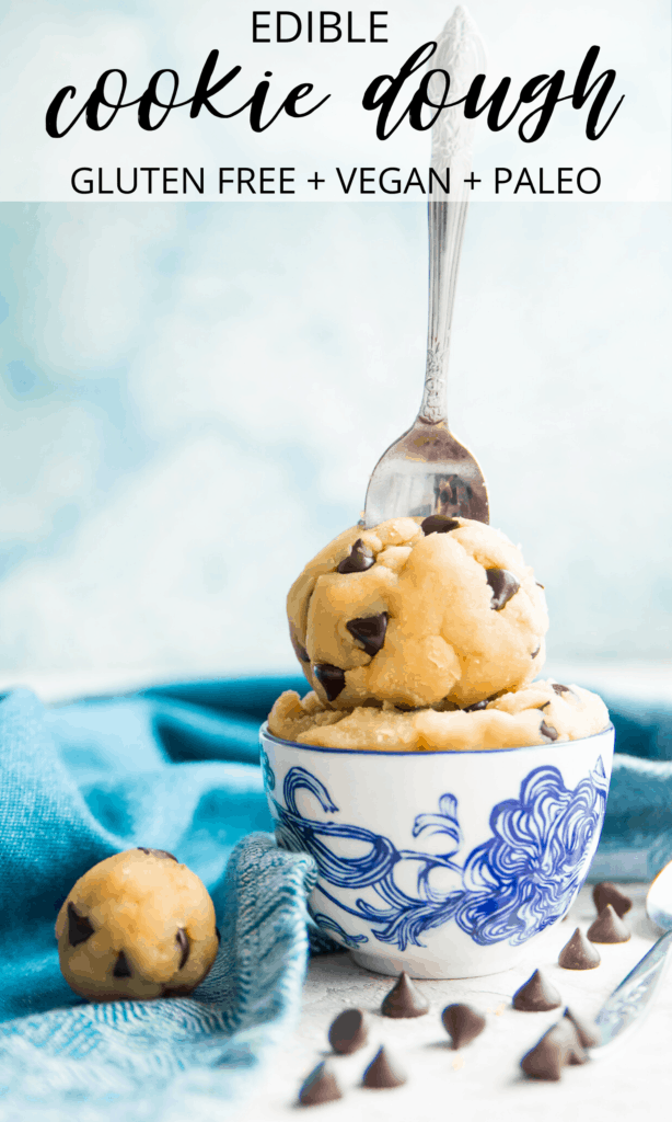 A bowl of gluten free edible cookie dough with a spoon in it 