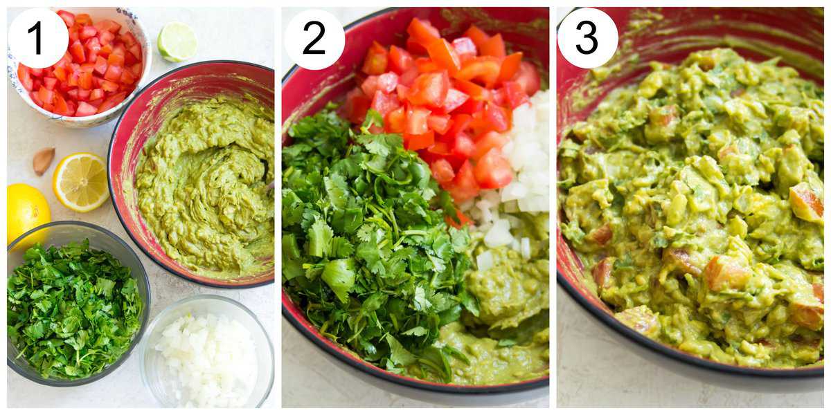 Step by step directions for making keto guacamole in a large bowl.