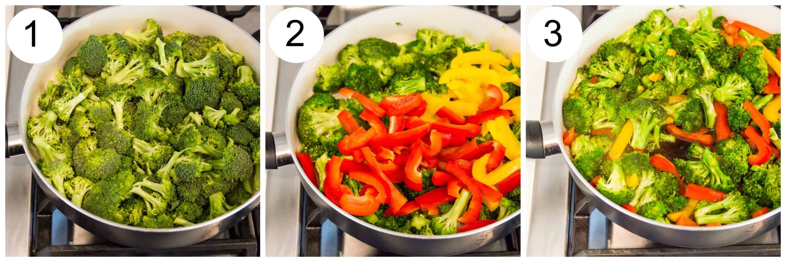 Step by step directions for making teriyaki broccoli and peppers in a pan on the stovetop.