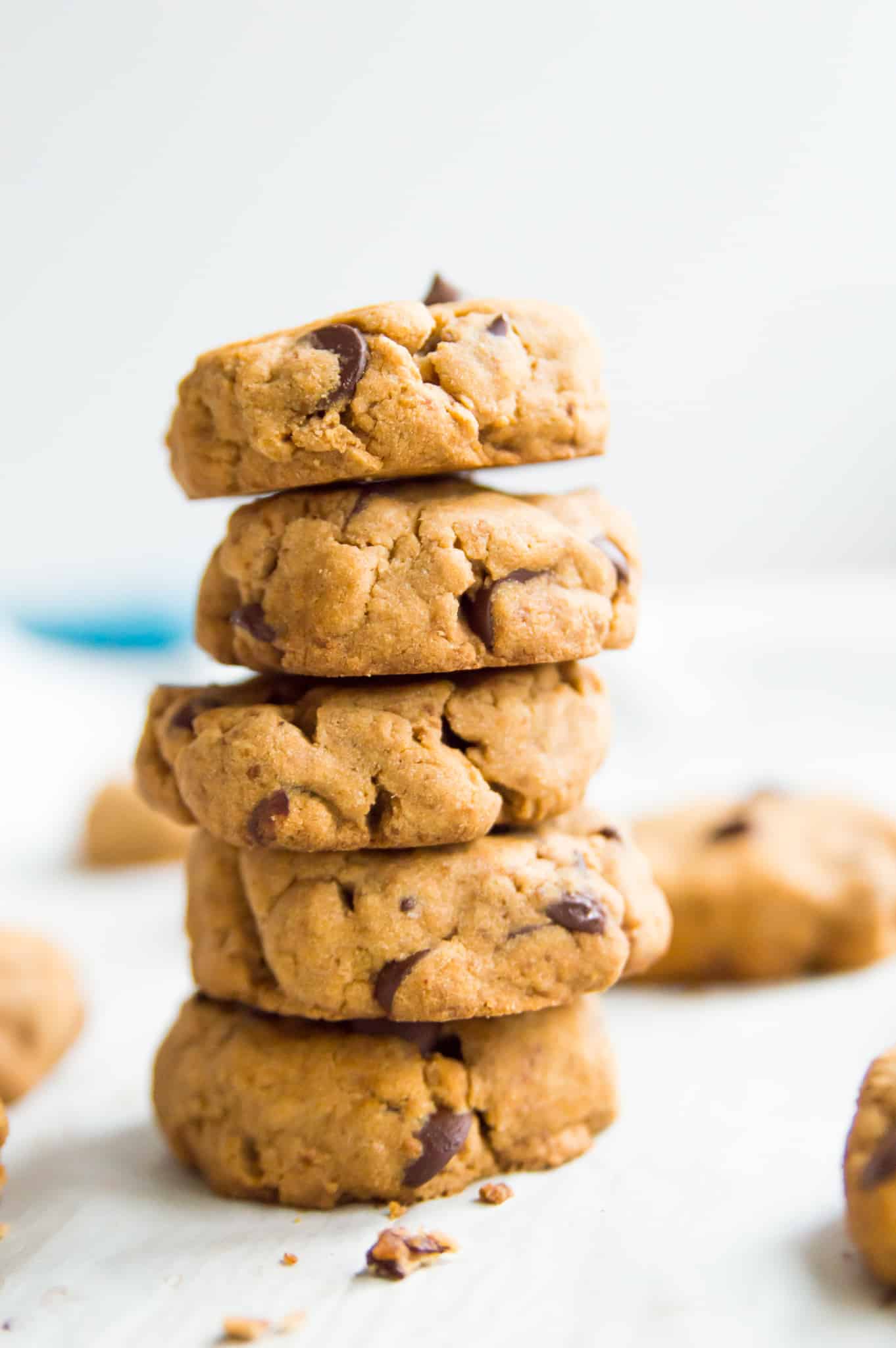 A stack of five cassava flour chocolate chip cookies. 