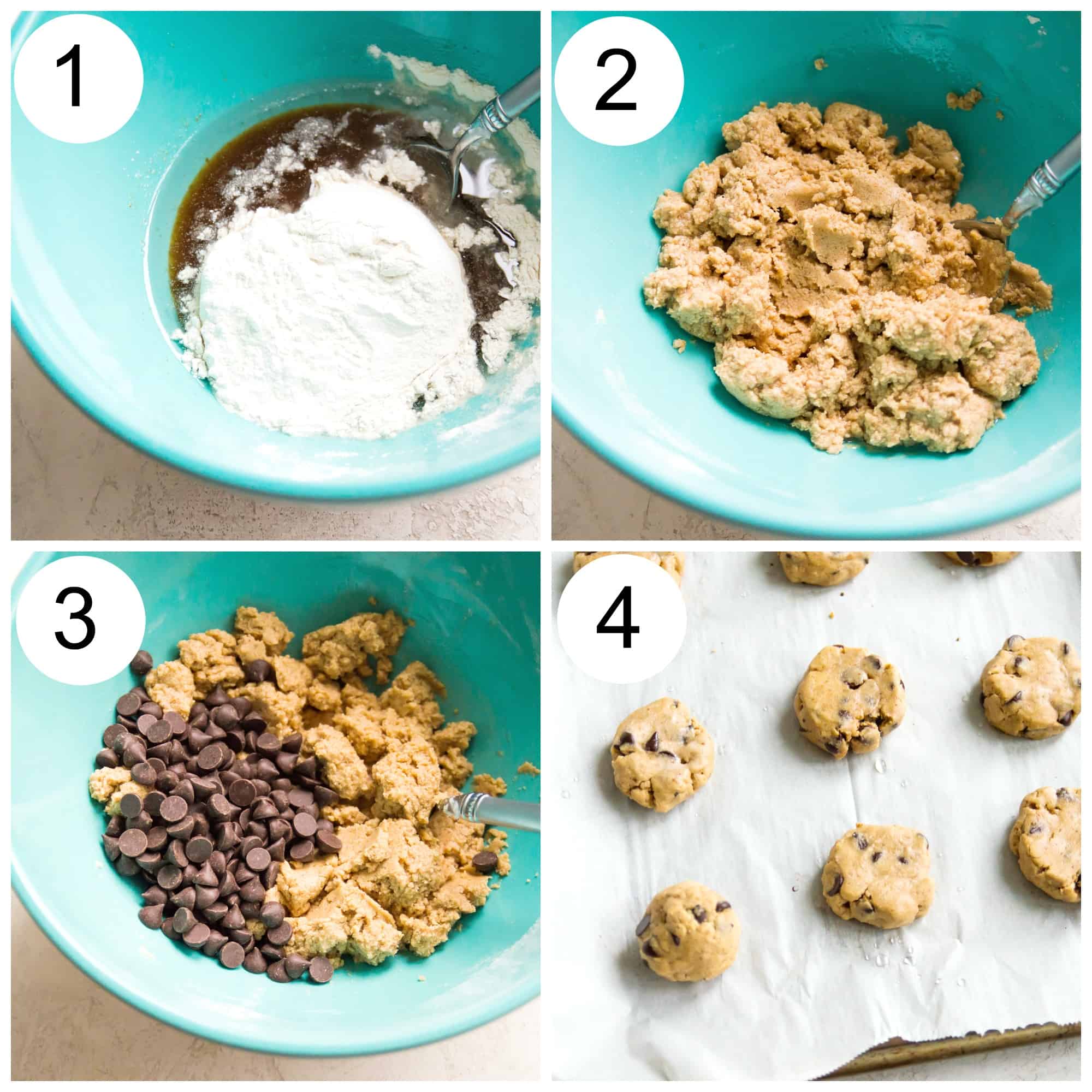 Step by step directions for making cassava flour chocolate chip cookies. 