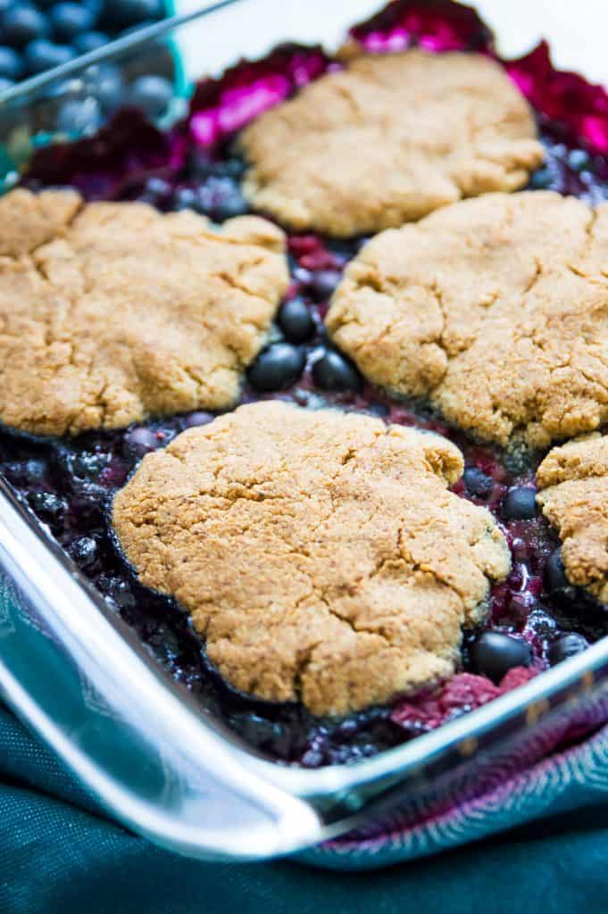 A tray of blueberry raspberry cobbler 