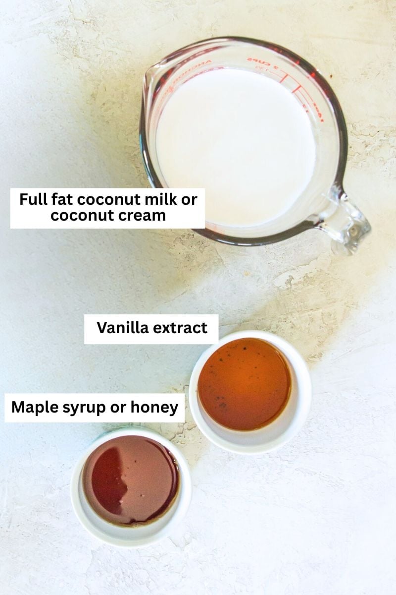 Coconut milk, maple syrup and vanilla extract in separate bowls.