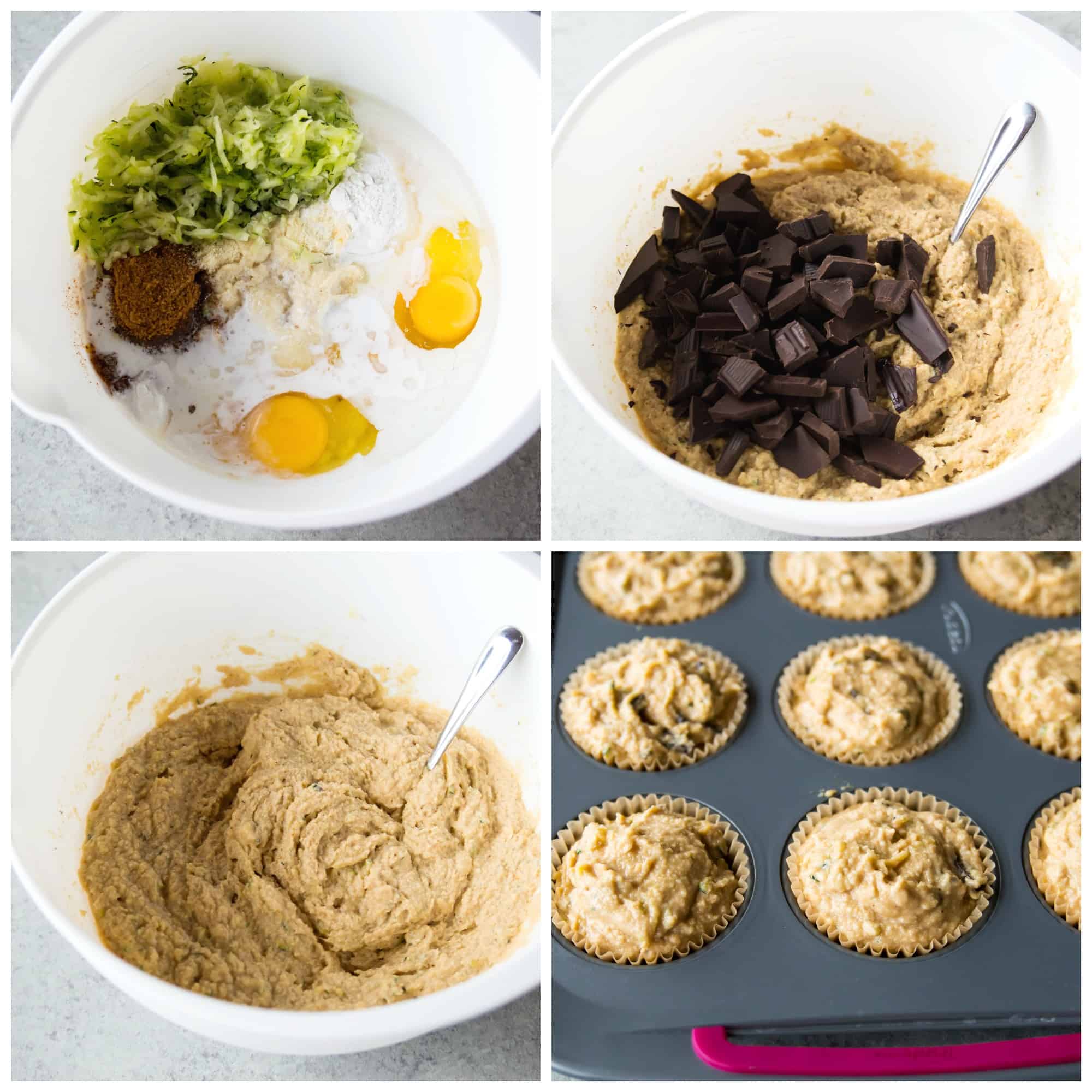 Step by step directions for making paleo zucchini muffins with chocolate.