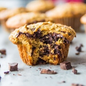 A paleo zucchini muffin with chocolate with a bite out of it.