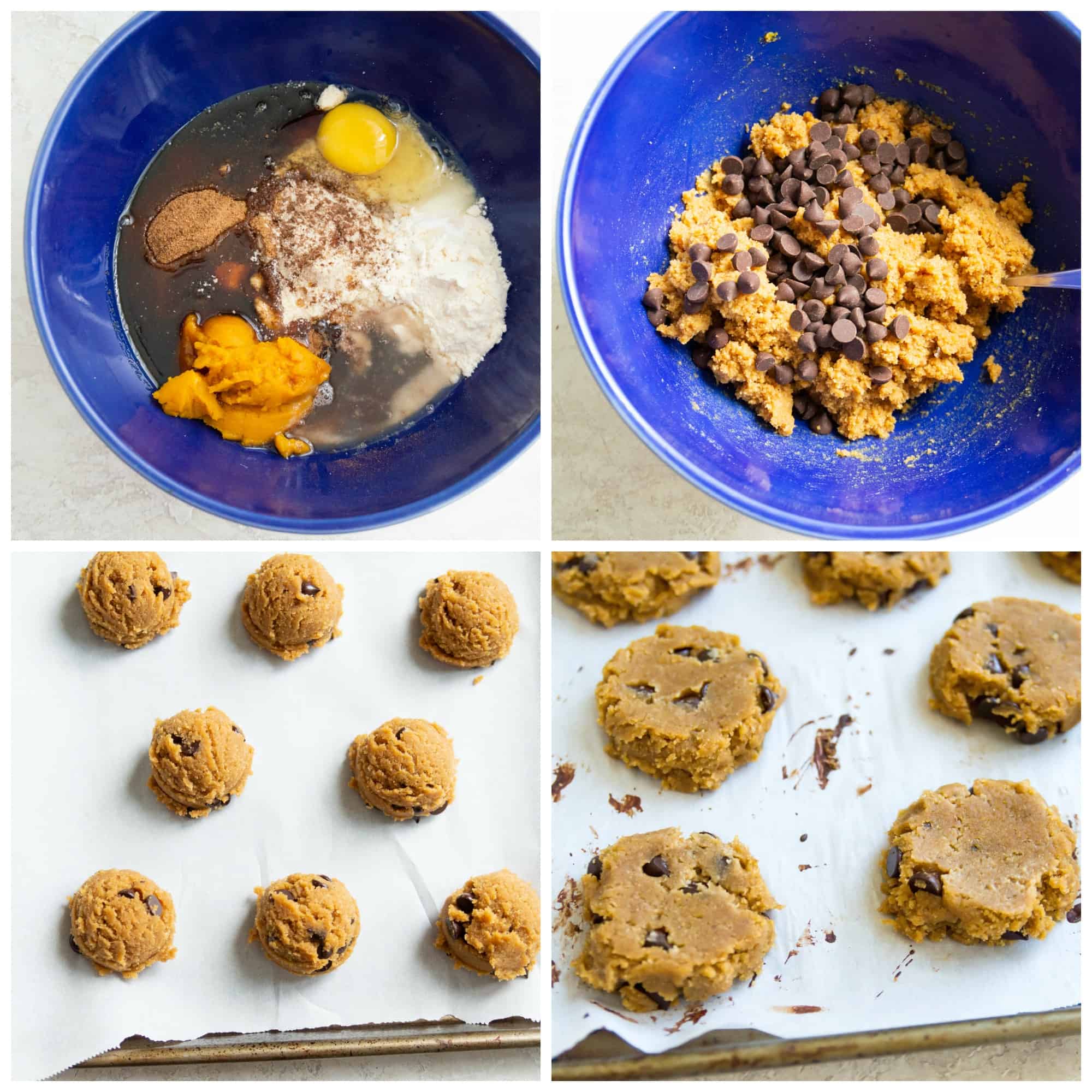 Step by step directions for making pumpkin chocolate chip cookies.